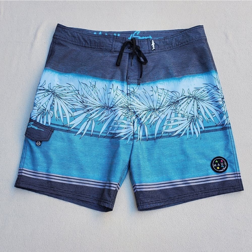 Maui and Sons blue gray and black board shorts